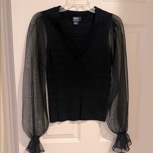 Anthropologie Maeve Black V-Neck Sweater with Sheer Sleeves